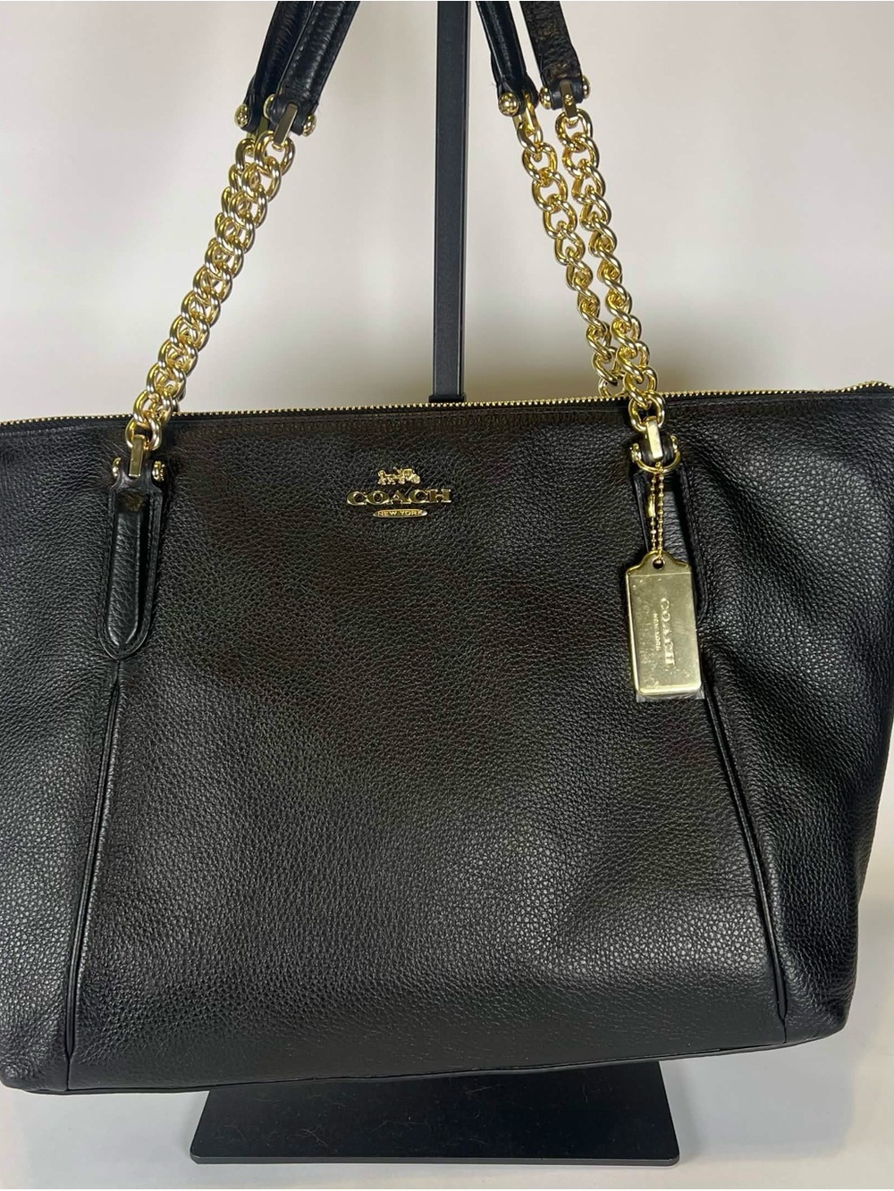 Coach Black Pebbled Leather Tote with Gold Chain Straps